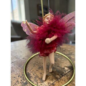 Vintage Red Feather Fairy Ornament With Pink Wings & Gold Stars